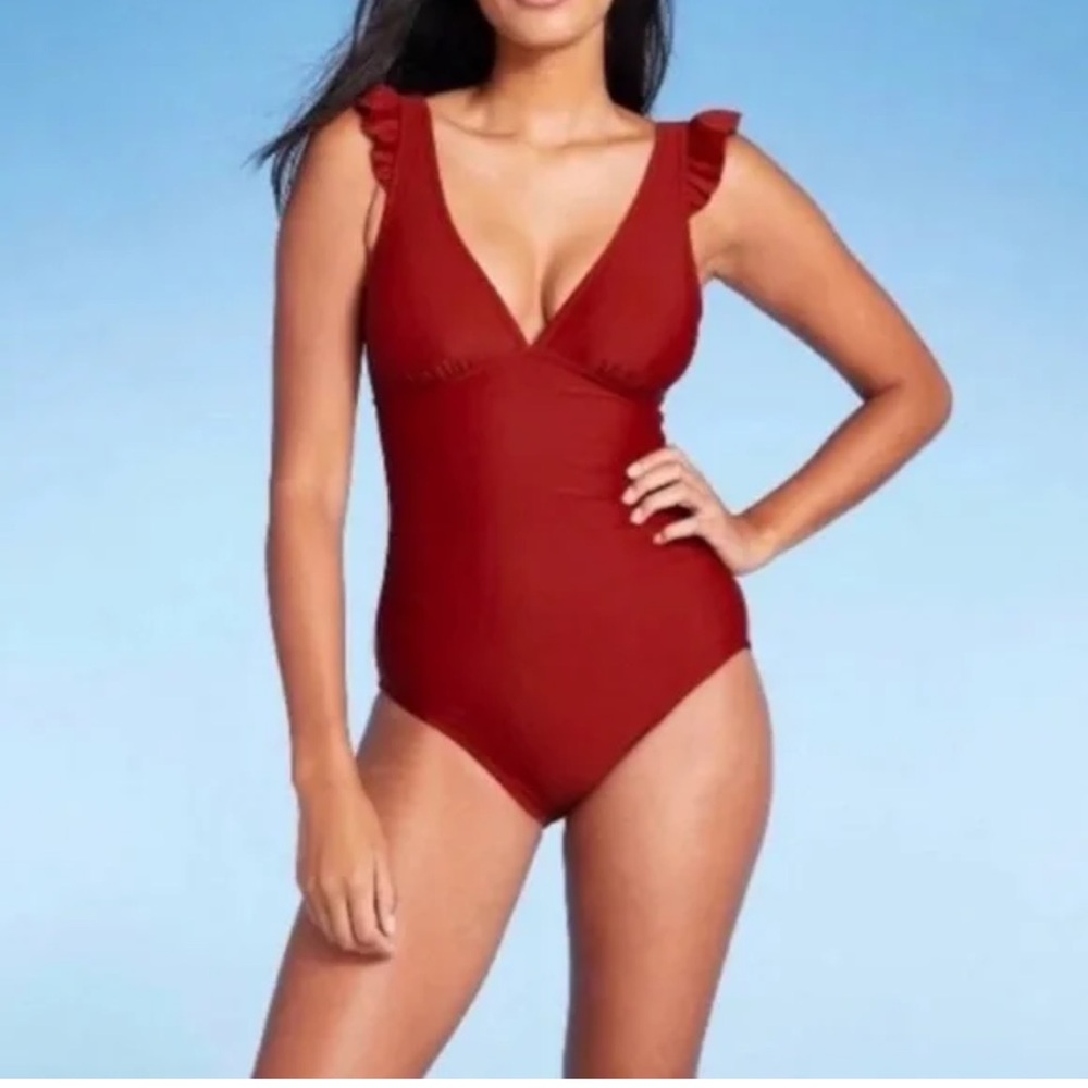 Kona Sol Ruched Flutter Sleeve Full Coverage Brick Ted One Pice Swimsuit, 14W